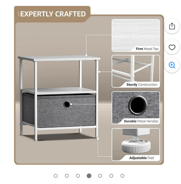 SORBUS End Table Nightstand 1 Fabric Drawer with 2 Shelves - White / Grey