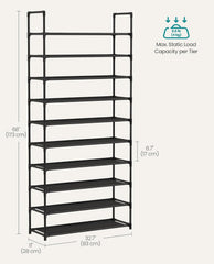 SONGMICS 10-Tier Shelf Shoe Storage Organizer Metal Frame Non-Woven Fabric Shelves - Black
