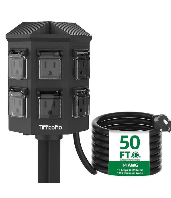 TIFFCOFIO Outdoor Power Strip Weatherproof 50ft 6 Grounded Outlets Outdoor Weatherproof 15A/1875W ETL