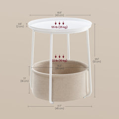 SONGMICS Small Side End Table Round 2 Tier Nightstand U Shaped Steel Legs w/ Basket - Matte White / Camel Brown