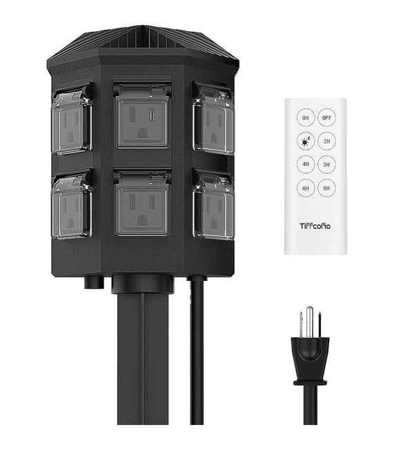TIFFCOFIO 6ft Outdoor Extension 6 Grounded Outlets Power Stake Timer Remote (100ft Range) - Black