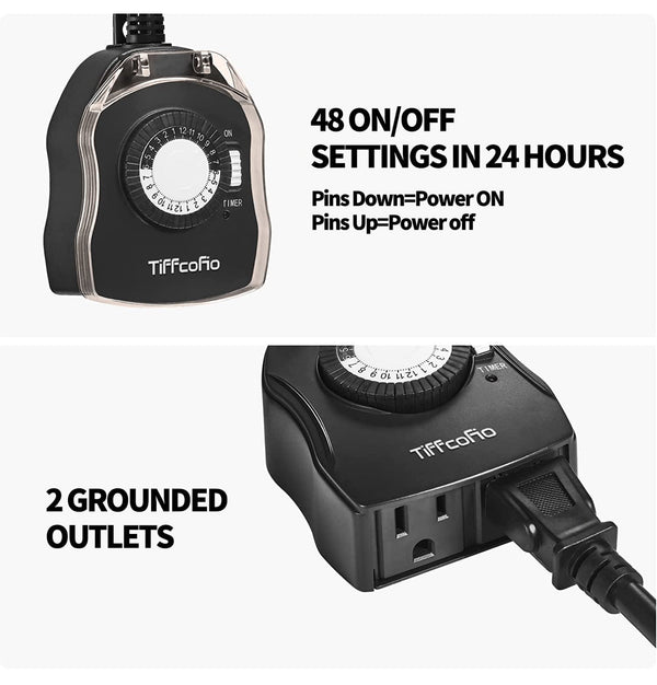 TIFFCOFIO 2pk 2x Grounded Outlets 24hr Timer Waterproof - Black