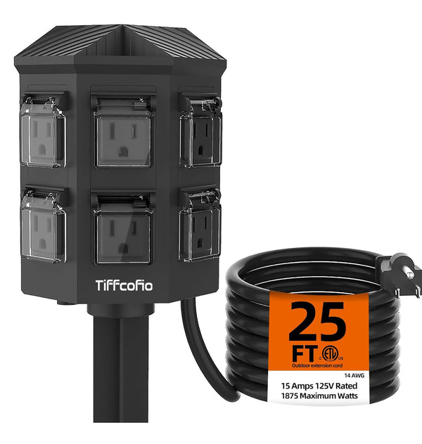 TIFFCOFIO 25ft Outdoor Extension 6 Grounded Outlets Power Stake - Black