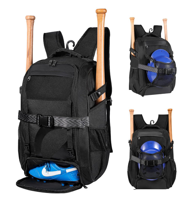 TrailKicker Baseball Equipment Backpack for Adult Youth fits 42L Bats Large - Black