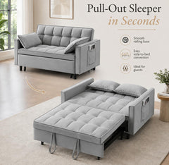 52" Pull Out Sleeper Sofa Velvet Loveseat w/ Side Pockets - Grey