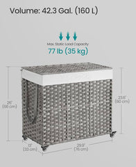 SONGMICS 42.3 Gallons (160 L) Laundry Hamper 3-Section Synthetic Rattan w/ Wheels - Gray
