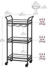 VASAGLE Bar Cart 3-Tier Shelf Wine Holders w/ Glass Holders - Black