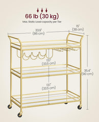 VASAGLE Bar Cart Gold Large Home Bar Serving Cart w/ 3-Tier Mirrored Shelf - Gold