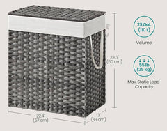 SONGMICS 110L Laundry Hamper Double Wicker Basket w/ Removeable Liners - Gray
