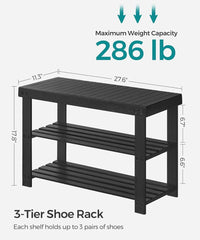 SONGMICS 3-Tier Bamboo Shoe Storage Organizer Entryway Bench - Black