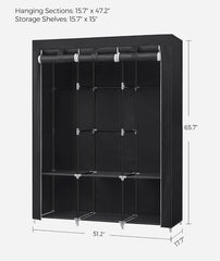 SONGMICS Portable Closet w/ Cover 3 Hanging Rods & Shelves Wardrobe Organizer - Black