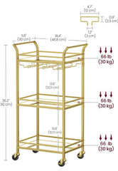 VASAGLE Bar Cart 3-Tier Shelf Wine Holders w/ Glass Holders - Gold