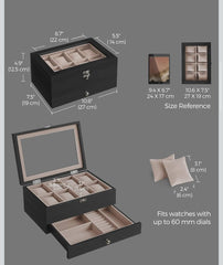 SONGMICS 8-Slot Watch Box 2-Tier Display Case w/ Large Glass Lid - Black