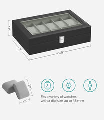 SONGMICS Watch Box 12-Slot Case Organizer w/ Large Glass Lid - Black