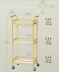 VASAGLE Bar Cart Home Serving w/ 3 Tiers Kitchen Shelf w/ Wheels - Gold
