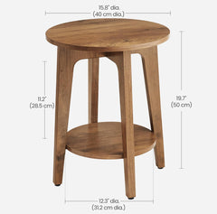 VASAGLE 2-Tier Small Round End Table Nightstand w/ Tapered Legs Set of 2- Honey Brown