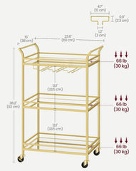 VASAGLE 23.6" Bar Gold Serving Cart w/ 3-Tier Mirrored Shelf - Gold