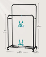SONGMICS Double Rods Clothes Rack w/ Wheels and Storage Shelf  - Black