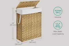 SONGMICS 55L Slim Laundry Synthetic Rattan Storage Basket w/ Lid and Handles - Natural