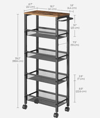 VASAGLE Slim Rolling Storage Cart Steel Frame w/ Handles - Brown