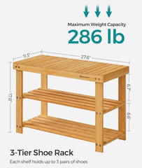 SONGMICS Shoe Rack 3-Tier Bamboo Storage Organizer Entryway Bench - Natural