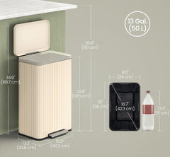 SONGMICS 13 Gallon Garbage Trash Can Wide Foot Pedal Soft Close Lid Flute Design - Cream White *open box*