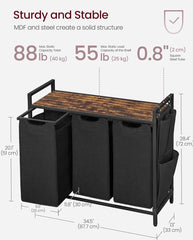 VASAGLE Laundry Hamper Basket w/ 3 Pull-Out Bags Metal Frame - Brown