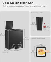 SONGMICS 2 x 8 Gallon Garbage Trash Can 2 Compartments Foot Pedal Soft Close Lid - Black **open box**