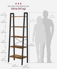 VASAGLE 5 Tier Ladder Shelf Bookshelf Modern Bookcase Industrial Style w/ Steel Frame - Brown