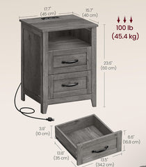 VASAGLE Farmhouse Nightstands Bedside Tables Side Tables w/ Charging Station & Open Compartment - Misty Gray