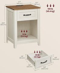 VASAGLE Nightstand w/ Charging Station Farmhouse Style w/ Open Compartment - Rustic White / Honey Brown