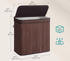 SONGMICS 39.6-Gallons Bamboo Laundry Hamper 3 Compartment w/ Lid - Chestnut Brown