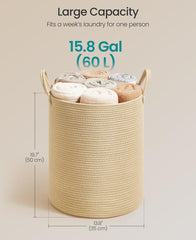 SONGMICS 15.8 Gallons Laundry Hamper Cotton Rope Basket w/ Handles - Tan