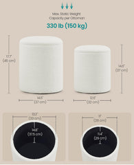 SONGMICS Vanity Stool Round Storage Ottoman Teddy Fleece Set of 2 - White