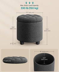 SONGMICS 17.7" Round Ottoman with Storage Vanity Stool Linen-Look Fabric - Dark Gray