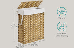 SONGMICS 14.5 Gal (55 L) Laundry Hamper Rattan w/ Lid- Natural