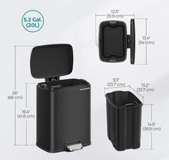 SONGMICS 5.2-Gallon (20L) Trash Can Stainless Steel Step Trash Bin w/ Pedal - Black