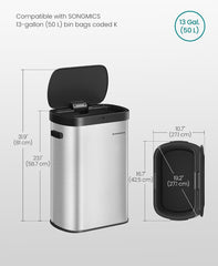 SONGMICS 13 Gallon (50 L) Motion Sensor Trash Can w/ Soft-Close Lid - Silver