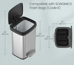 SONGMICS 13 Gallon (50 L) Kitchen Trash Can Stainless Steel Soft Closure w/ Pedal - Silver