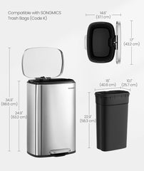SONGMICS 13 Gallon (50 L) Trash Can Stainless Steel Step-On Pedal - Silver