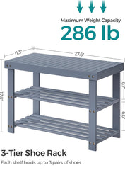 SONGMICS 27.6" Shoe Rack 3-Tier Bamboo Entryway Bench - Grey