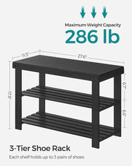 SONGMICS 27.6" Shoe Rack 3-Tier Bamboo Entryway Bench - Black