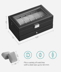 SONGMICS 2 Layer Watch Box 12-Slot Watch Case Organizer w/ Large Glass Lid - Black