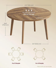 VASAGLE 47.2" Round 4-6ppl Dining Circle Kitchen Table w/ Tapered Legs - Honey Brown