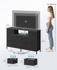 SONGMICS Dresser for Bedroom w/ Outlets & LED Lights w/ 8 Fabric Drawers - Black **Crack**