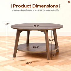 Round Coffee 2-Tier Modern Wood Center Table w/ Storage - Brown