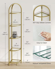 VASAGLE 5-Tier Corner Shelf Stand w/ Tempered Glass Steel Frame - Gold