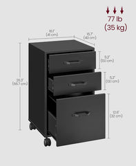 VASAGLE Mobile File Cabinet 3 Drawers Filing Cabinet w/ Wheels - Black ***open box***