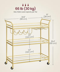 VASAGLE 33.9" Bar Serving Cart Gold Large Home w/ Wheels - Gold