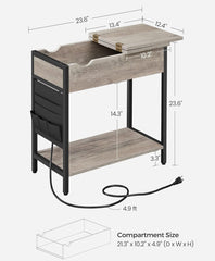 VASAGLE Side End Table Night Stand w/ Storage w/ USB Ports and Outlets - Greige / Black